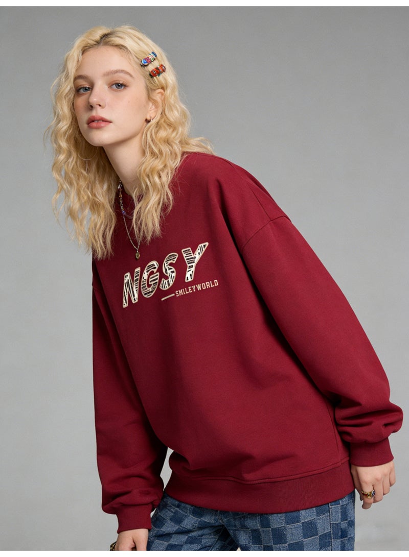 BM INS Burgundy "NGSY" Striped Letter Oversized Crew Neck Sweatshirt | Unisex Pullover With "SMILEY WORLD" Slogan - Image 5
